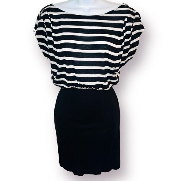 French Connection Stripe Twofer Mini Dress Dolan Half Sleeve Pleated Black 0 - Picture 1 of 8